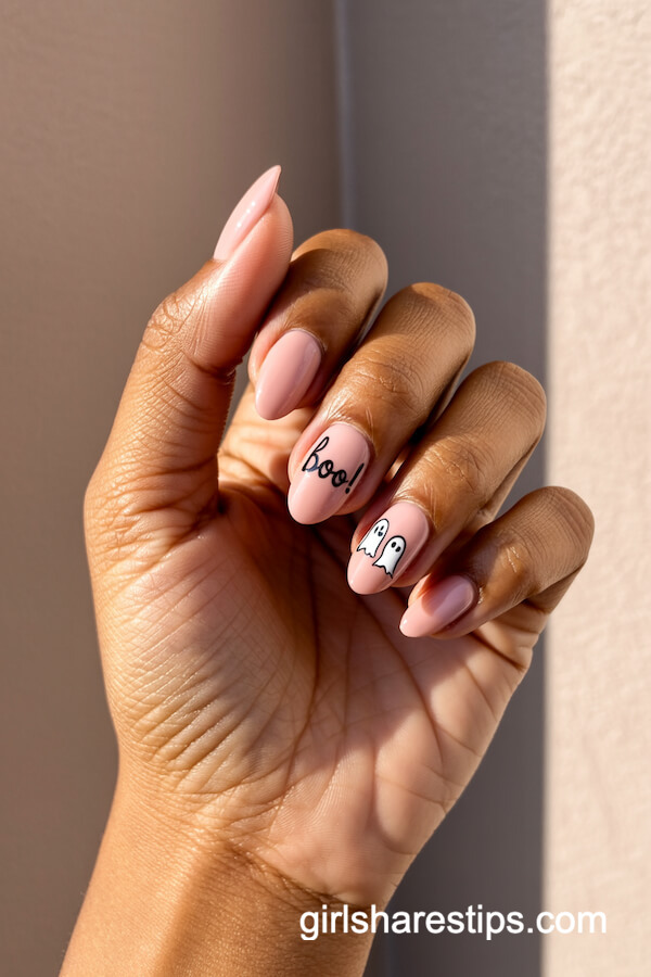 Baby Pink Almond Nails with "BOO!" Script and Ghosts