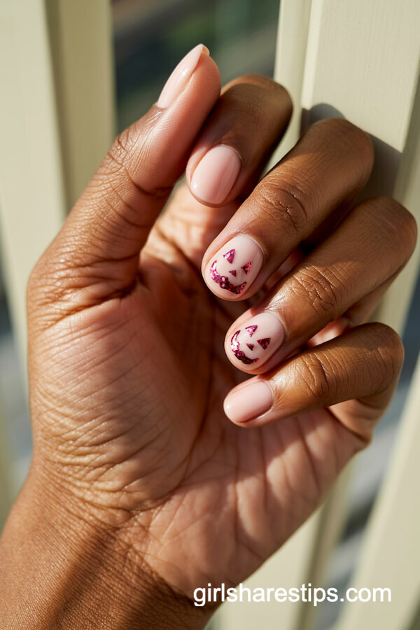 Soft Pink Rounded Nails with Glitter Pumpkin Faces