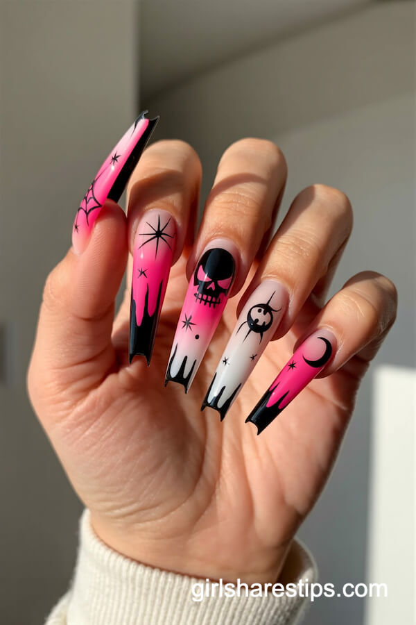 Neon Pink-to-White Ombre Coffin Nails with Mixed Halloween Art