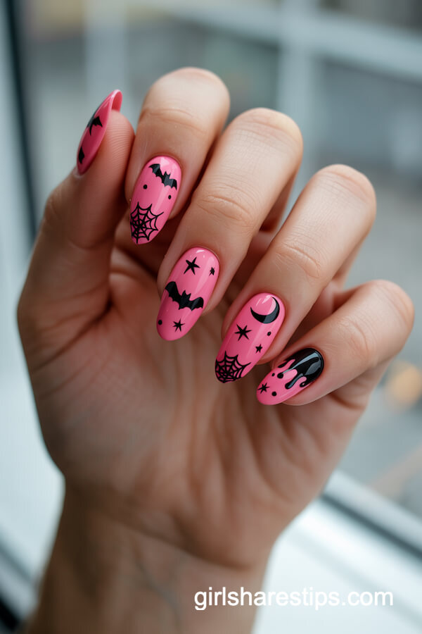 Vibrant Pink Almond Nails with Mixed Black Halloween Designs