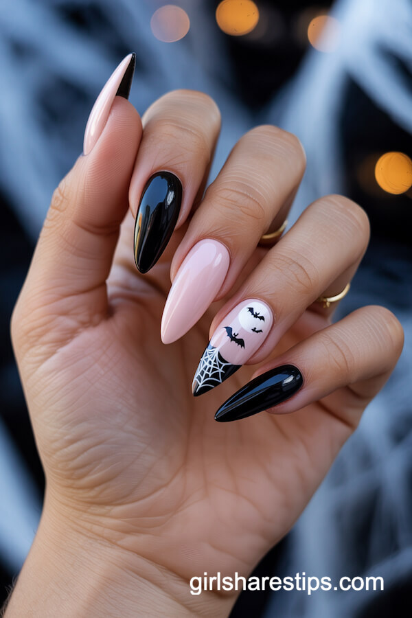 Black and Pink Almond/Stiletto Nails with Spiderwebs and Bats