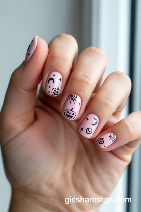 Pastel Pink Rounded Nails with Minimalist Halloween Designs
