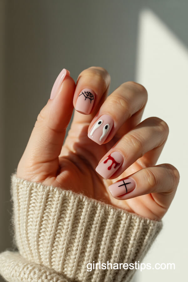 Pastel Pink Squared Nails with Unique Spooky Accents