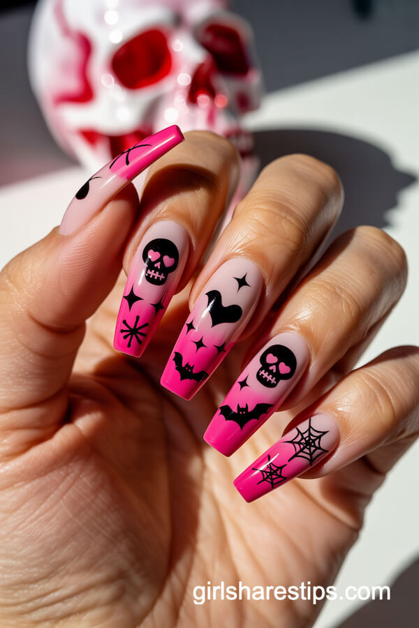 Gradient Pink Coffin Nails with Bold Black Icons