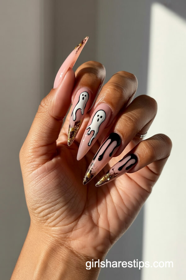 Pink-to-Nude Gradient Stiletto Nails with Ghosts and Drips