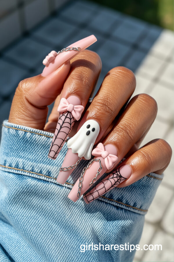 Matte Pink Coffin Nails with Spiderwebs, Chains, and a Ghost