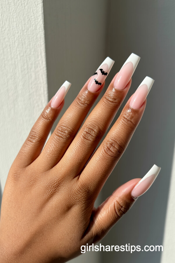Pink-to-White Ombre Bat Coffin Nails