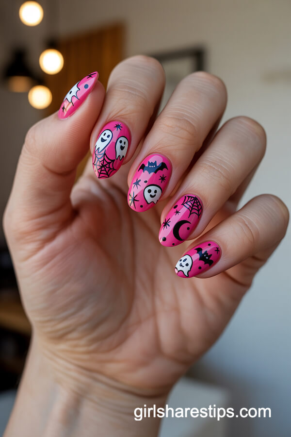 Vibrant Pink Oval Nails with Cartoon Halloween Designs