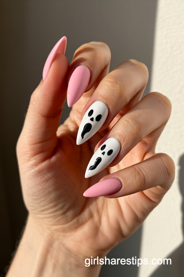 Pink Stiletto Nails with Ghost Faces