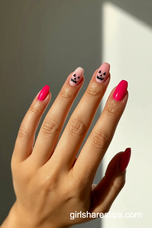 Hot Pink Squoval Nails with Pumpkin Accents