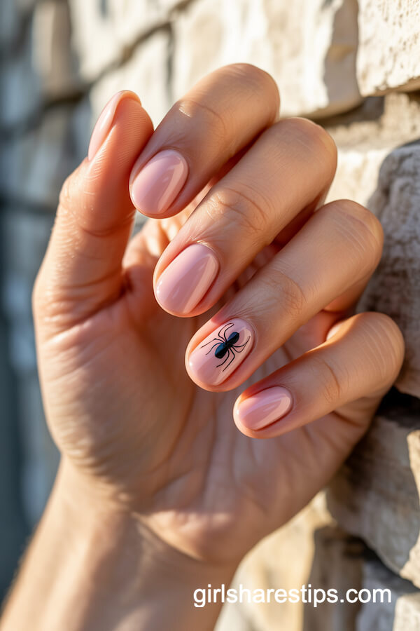 Glossy Baby Pink Oval Nail with Spider Accent