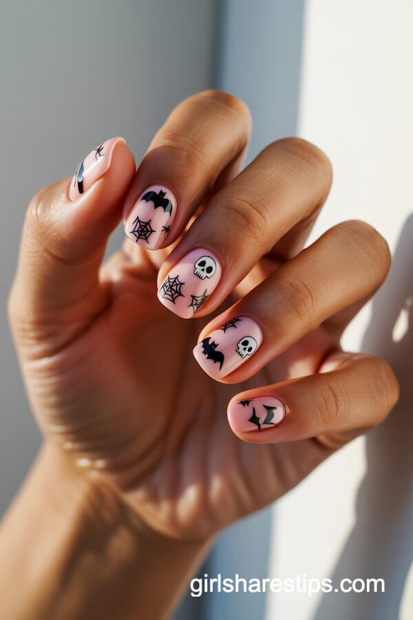 Multi-Pink Square Nails with Halloween Icons