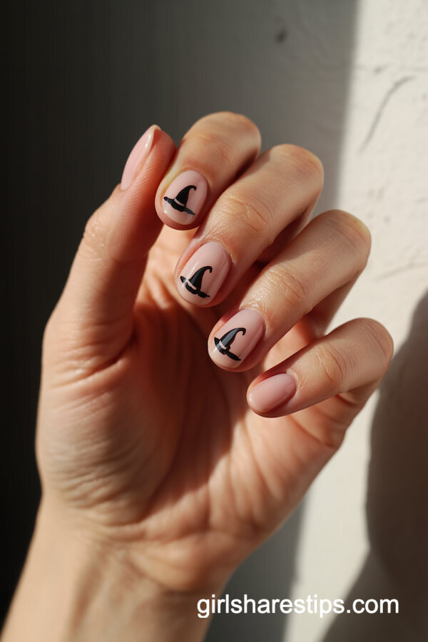 Pale Pink Rounded Nails with Witch Hats
