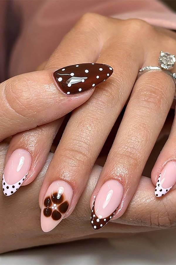Brown and Pink Polka Dot Accent Nails
