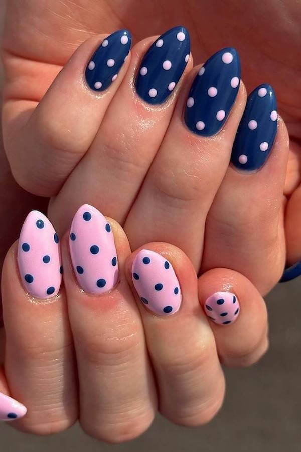Pink and Navy Blue Polka Dot Nails