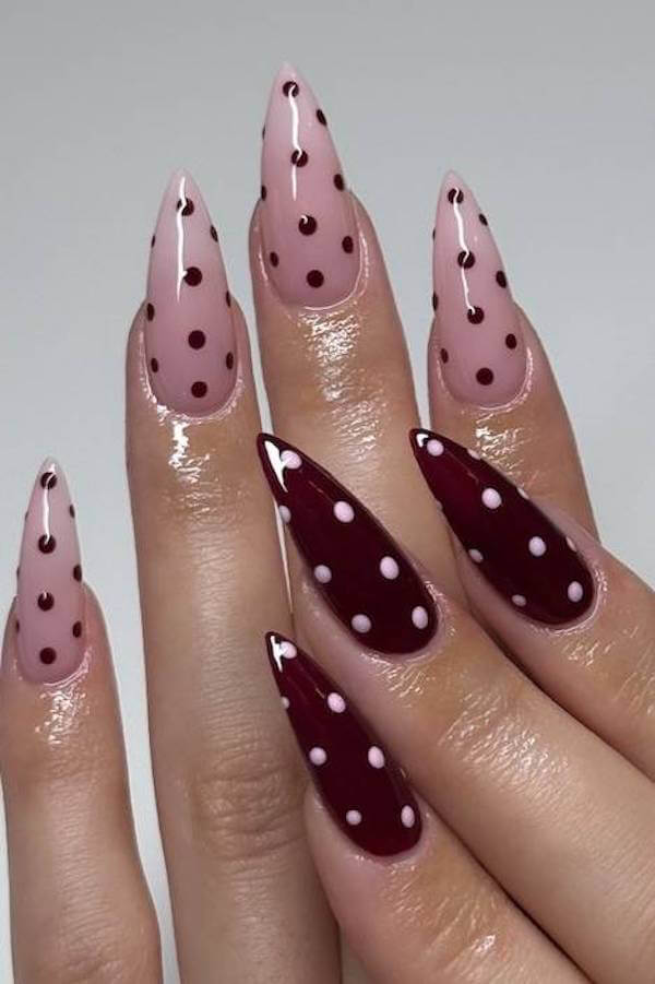 Dark Burgundy and Pink Polka Dot Nails
