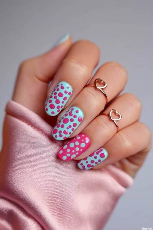 Blue and Pink Abstract Polka Dot Nails