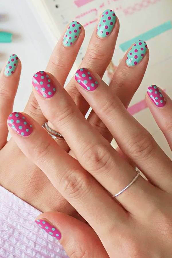 Pink and Teal Polka Dot Nails