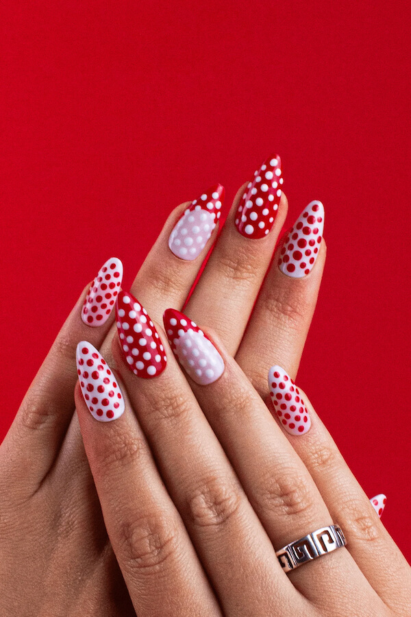 Red and White Polka Dot Stiletto Nails