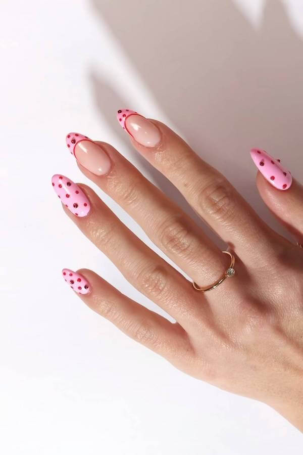 Pink French Tips with Red Polka Dots