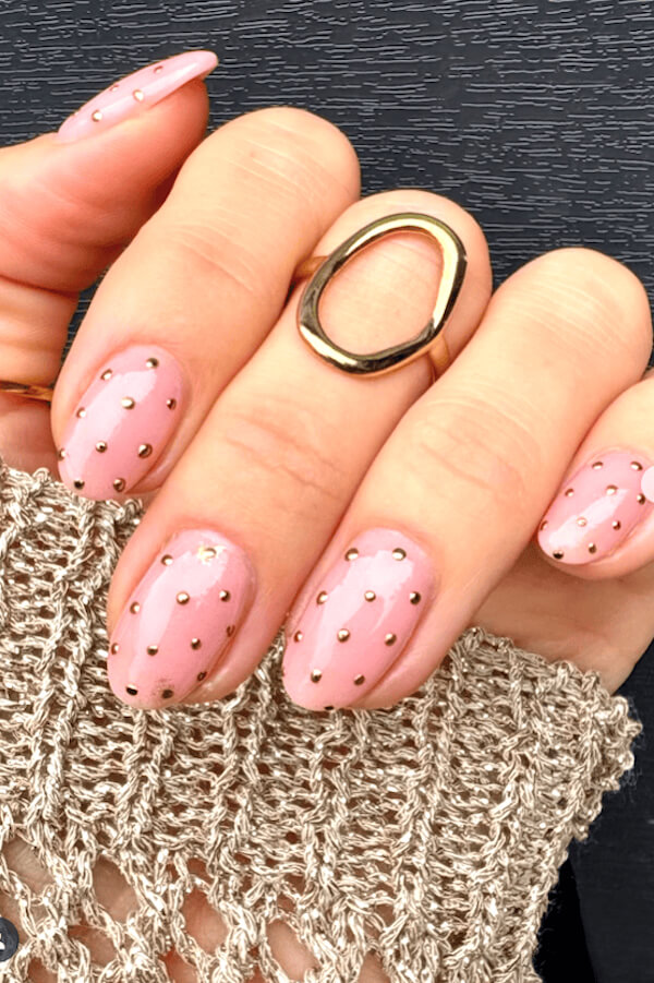 Nude Pink Nails with Gold Polka Dots