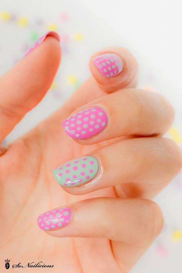 Pastel Pink and Green Polka Dot Nails
