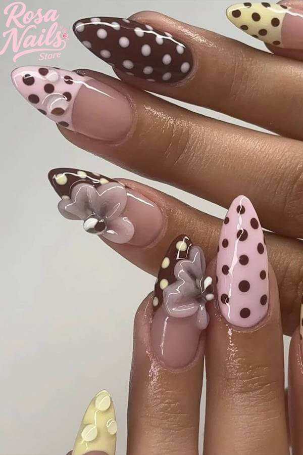 3D Floral and Polka Dot Stiletto Nails