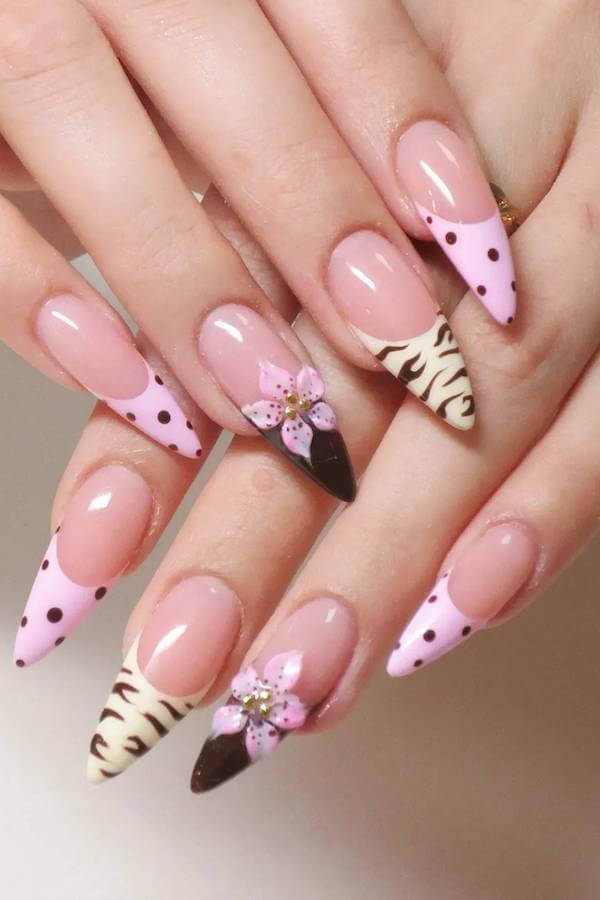 Pink and Brown Polka Dot Floral Tips
