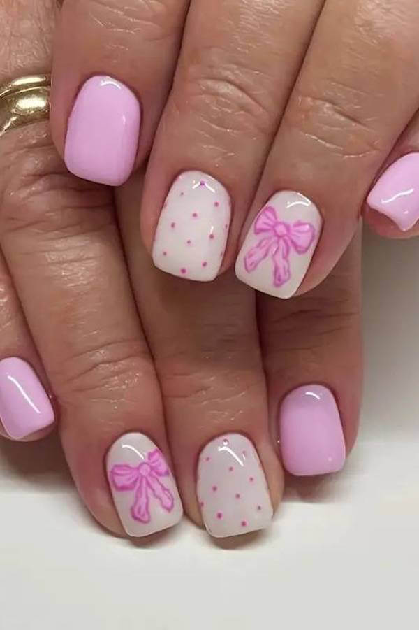 Pink Bow and Polka Dot Nail Art