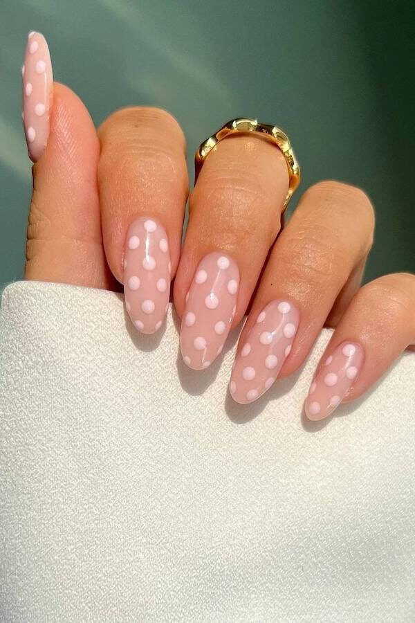 Sheer Pink Nails with White Polka Dots