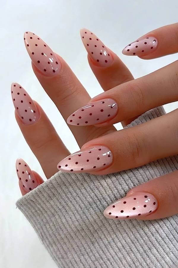 Pink Nude Nails with Burgundy Polka Dots