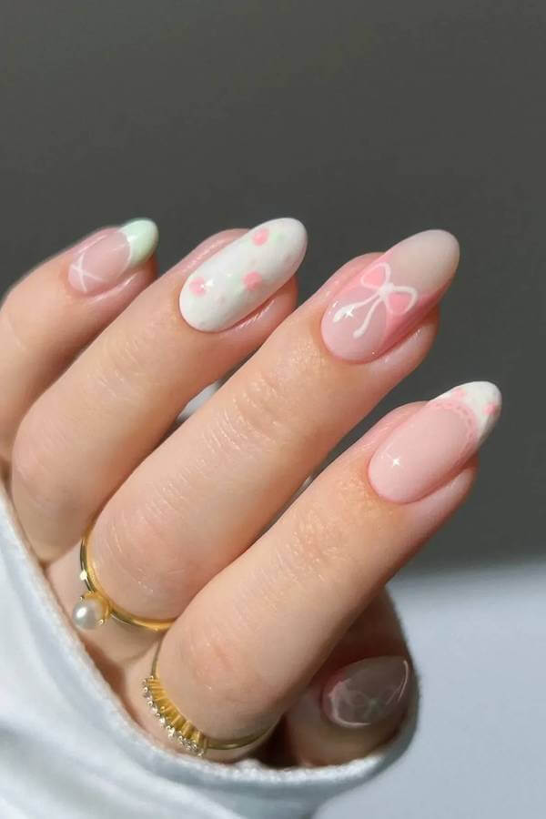 Pastel Pink Polka Dots and Bow Nails