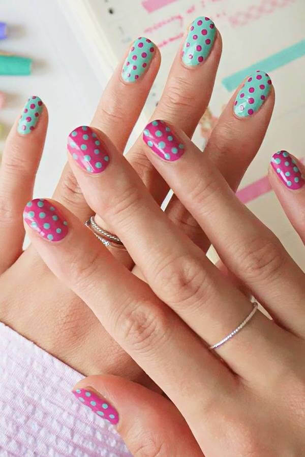 Turquoise and Fuchsia Mix Polka Dot Nails