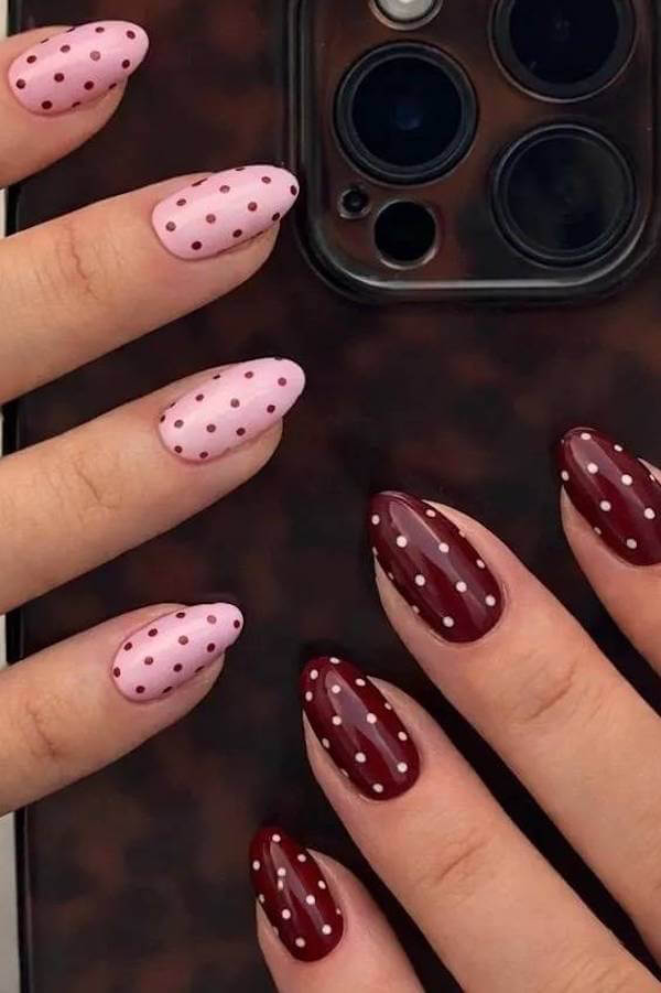 Pink and Burgundy Polka Dot Nails