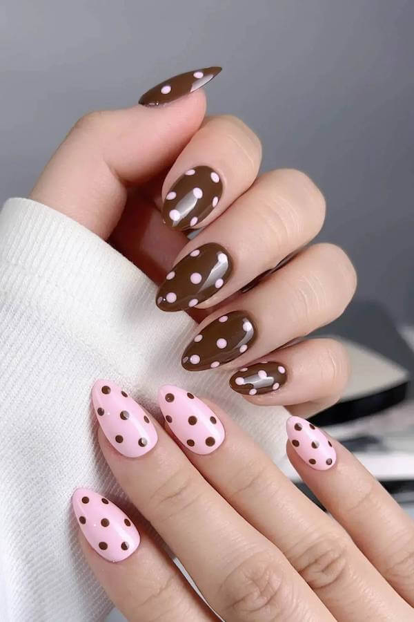 Brown and Pink Polka Dot Nails