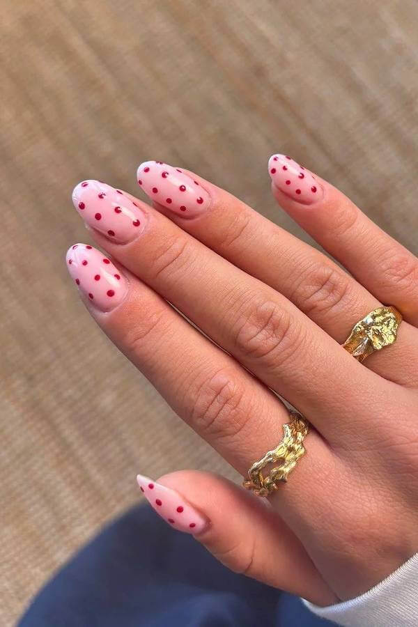 Classic Pink Nails with Red Polka Dots