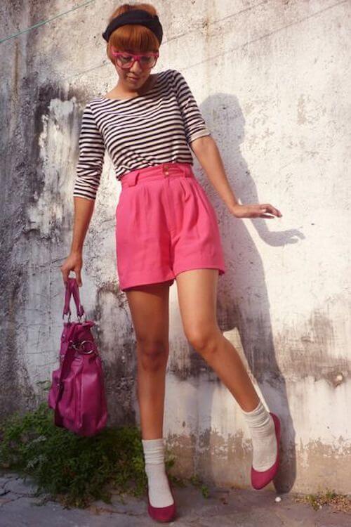 black and white striped top and pink shorts