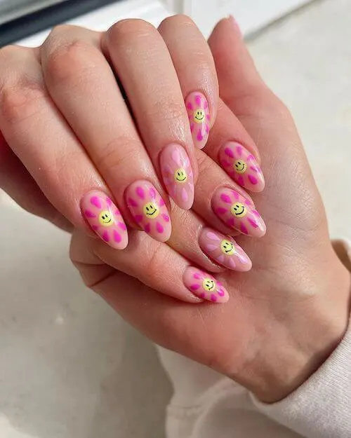 Cute Pink And Yellow Spring Nail Art
