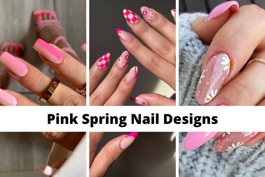 collage of pink spring nail designs