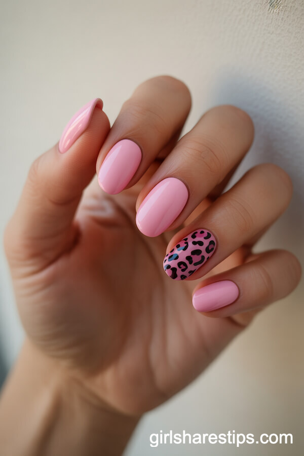 Bubblegum Pink Squoval Nails With Leopard Accent