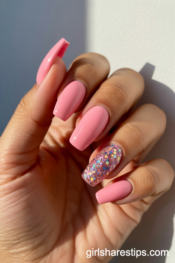 Bubblegum Pink Coffin Nails With Rainbow Glitter Accent