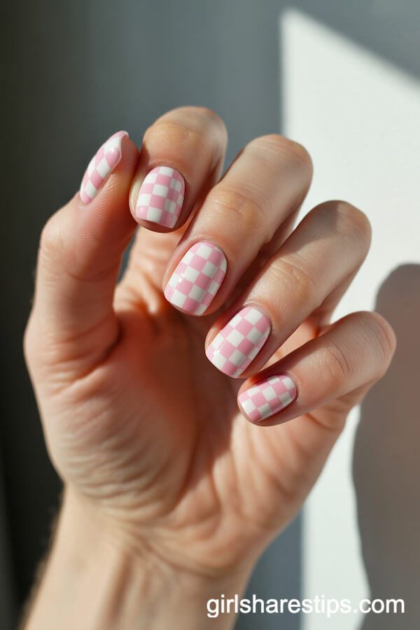 Baby Pink and White Checkerboard Square Nails