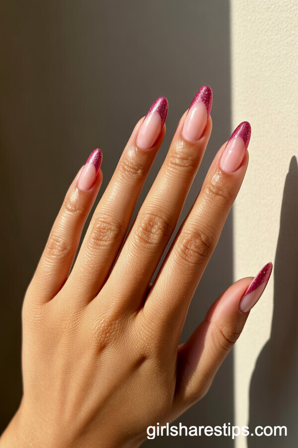 Pink Gradient Almond Nails With Glitter Tips