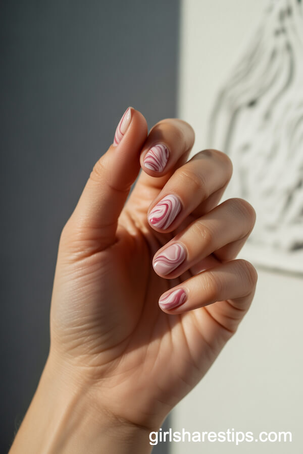 Pink and White Marble Round Nails