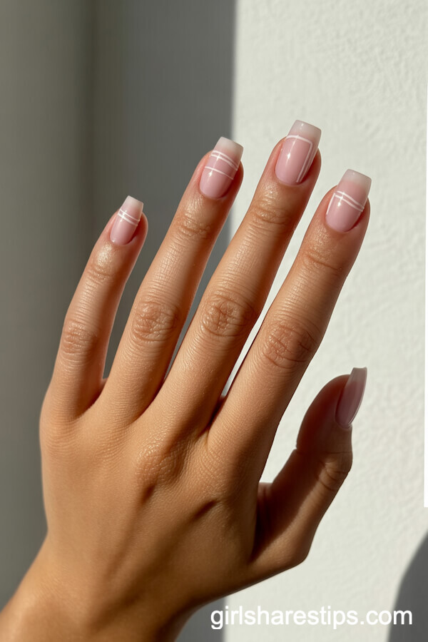 Light Pink Square Nails With Minimalist White Line Art