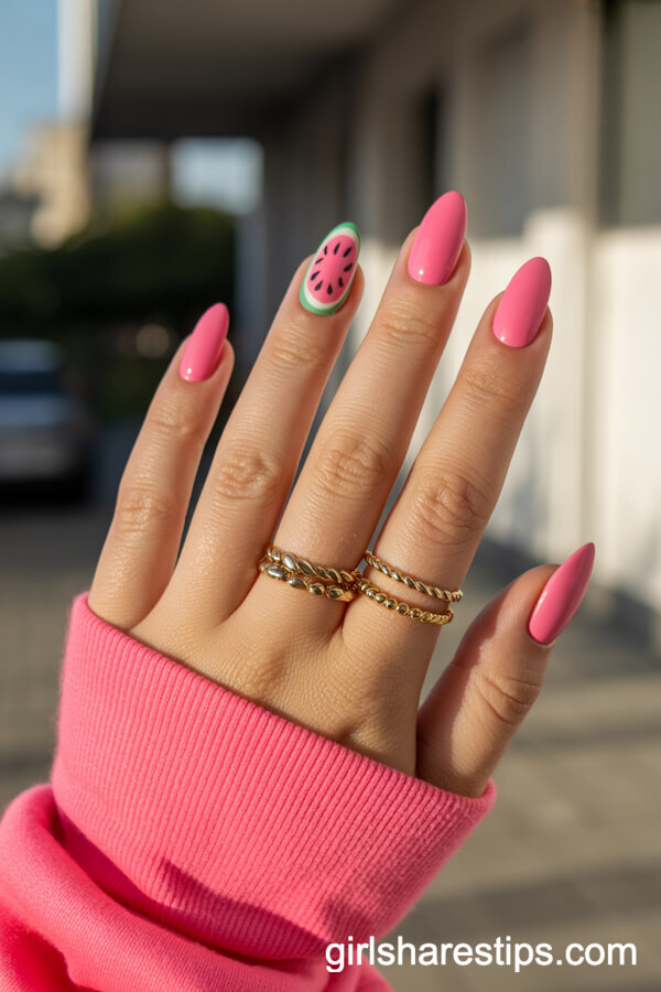 Playful Watermelon Pink Almond Nails