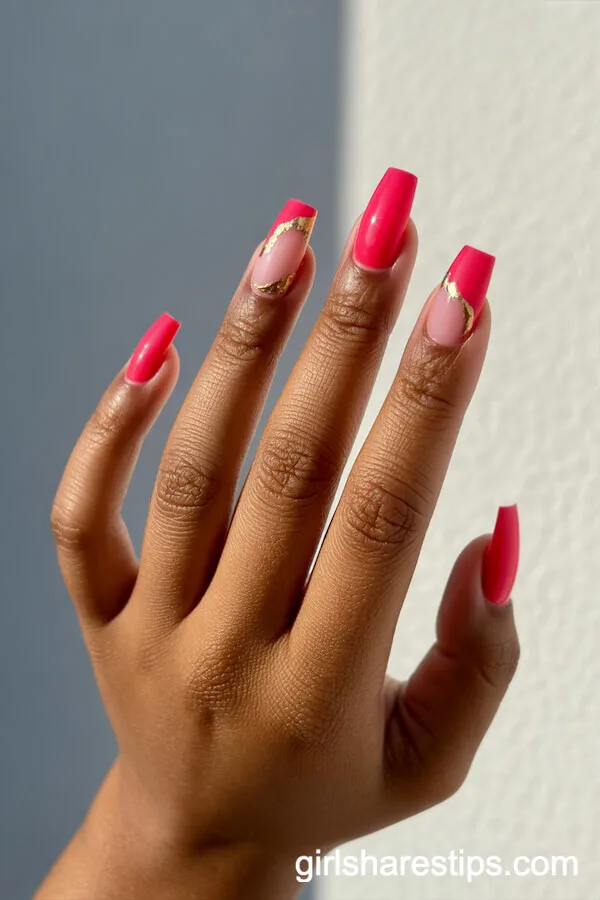 Hot Pink Coffin Nails With Gold Foil Accents