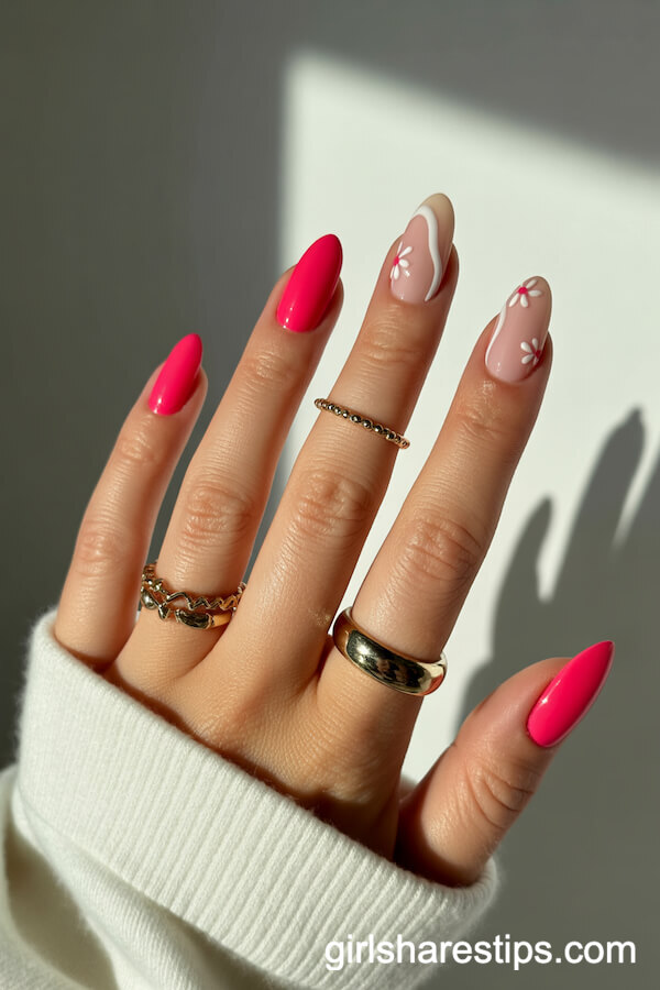 Hot Pink and Nude Oval Nails With Floral Accents