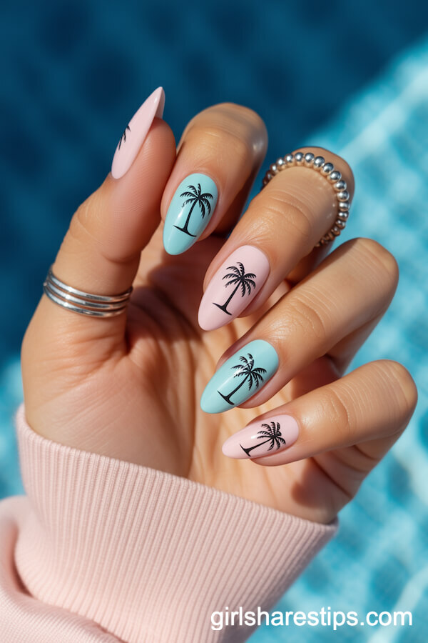 Aqua and Pink Almond Nails With Tiny Palm Tree Art