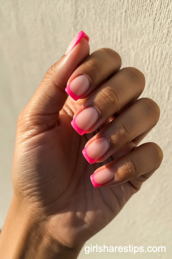 Neon Pink French Tip Square Nails